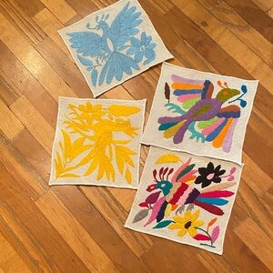 Hand-Embroidered Colorful Bird Textile Squares - Set of 4. Cocktail napkins.
